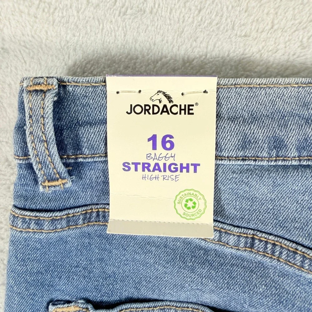 Jordache Girls Baggy Straight High Rise Jeans Size 16 Medium Enzyme Denim NWT